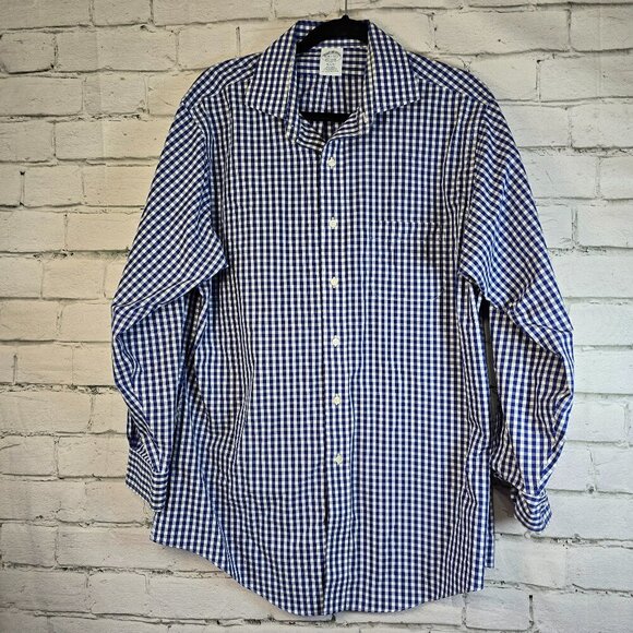 BROOKS BROTHERS LONG SLEEVE BUTTON DOWN SHIRT BLUE AND WHITE CHECKED SIZE 16.5 - Picture 1 of 5